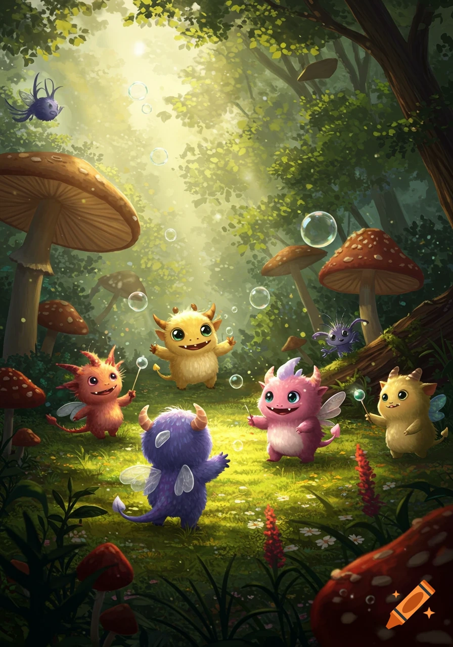 A group of colorful, cute monster creatures with wings and horns playing with bubbles in a sunlit fantasy forest with large mushrooms.