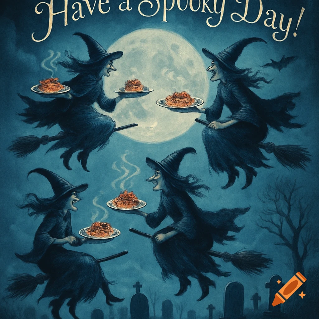 Four witches on brooms fly past a full moon and graveyard, holding plates of pasta, with 'Have a Spooky Day!' text.