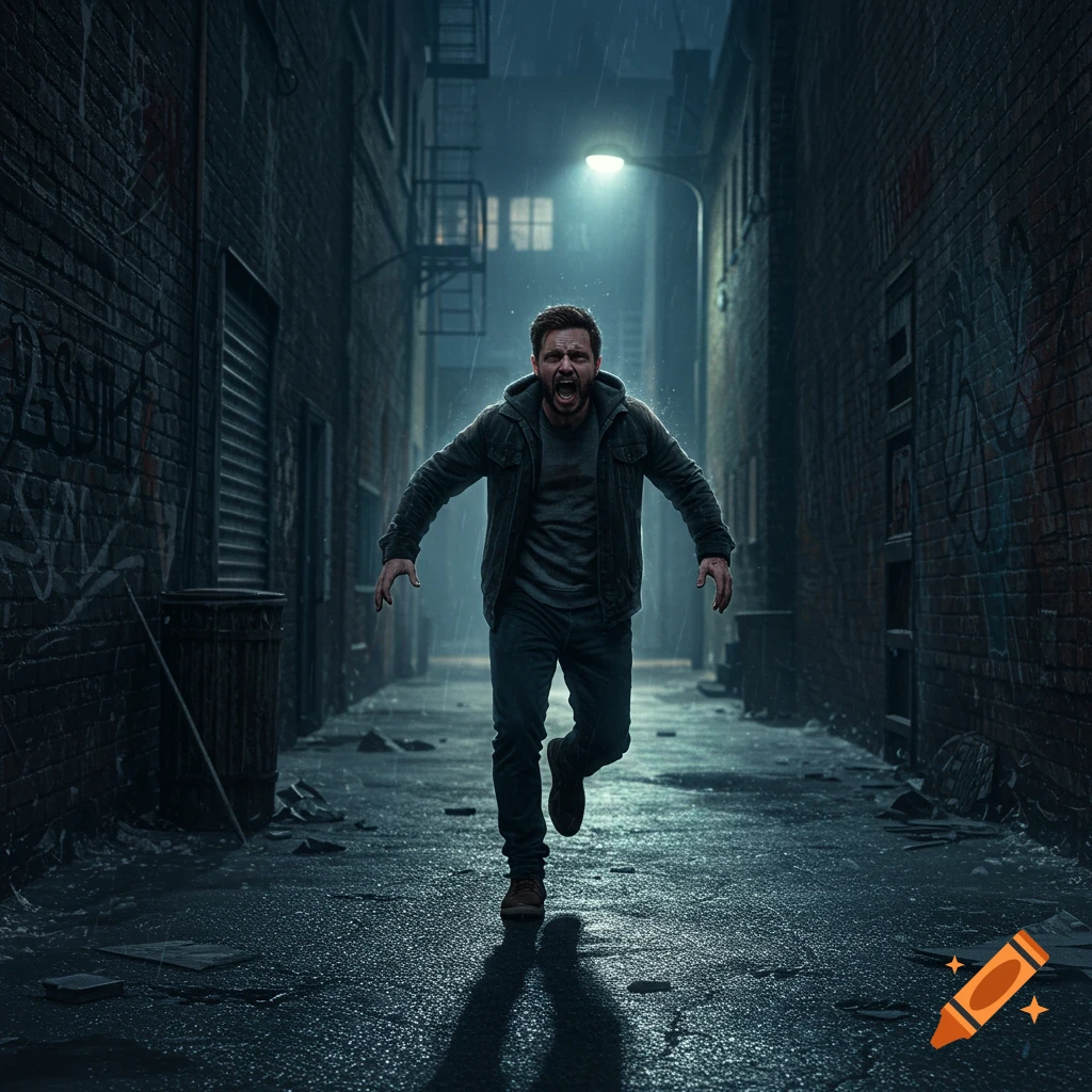 A photorealistic image of a man screaming and running towards the viewer in a dark, rainy urban alley at night, lit by a single streetlamp.