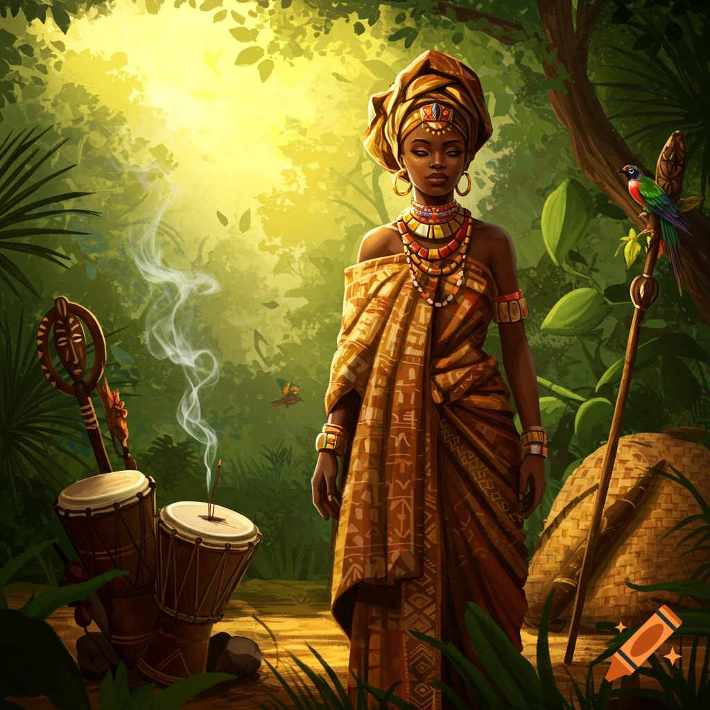 A woman in traditional African attire stands in a sunlit jungle with drums and an incense stick. A colorful bird perches on a staff.
