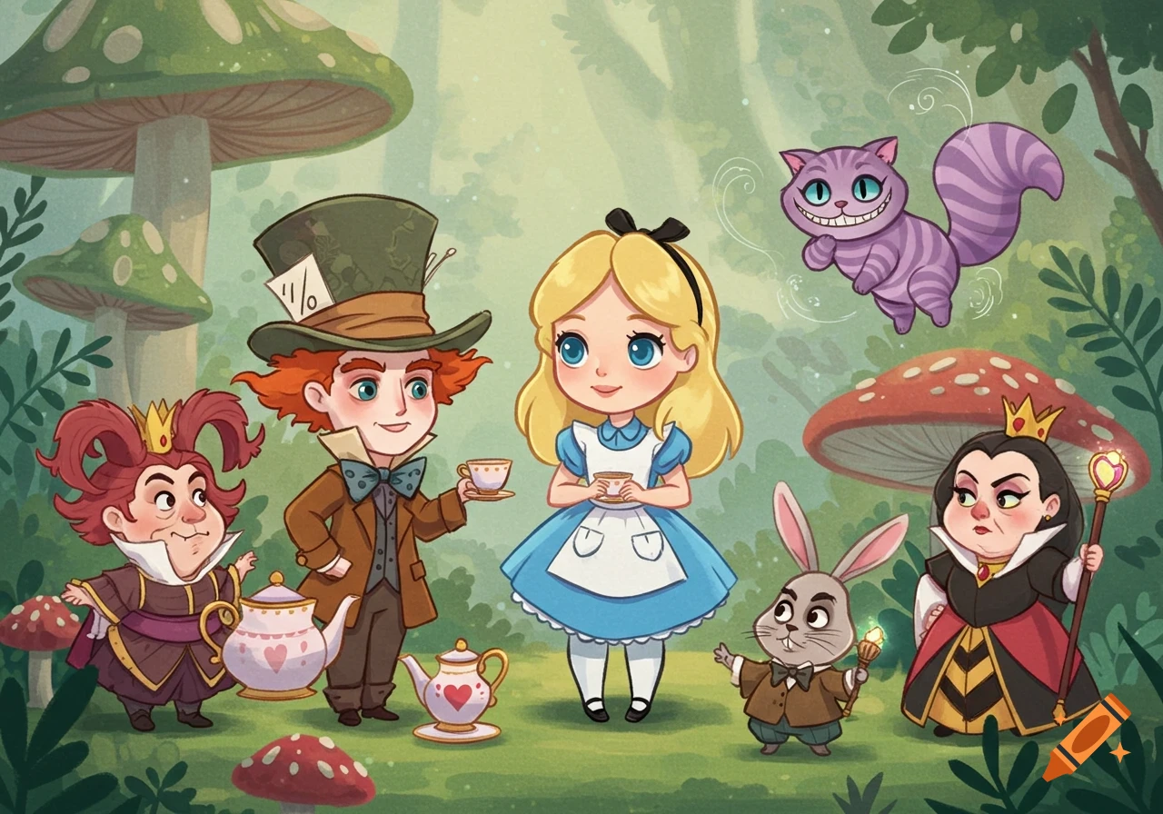 Chibi Alice in Wonderland characters, including Alice, Mad Hatter, Queen of Hearts, White Rabbit, and Cheshire Cat, at a tea party in a whimsical forest.