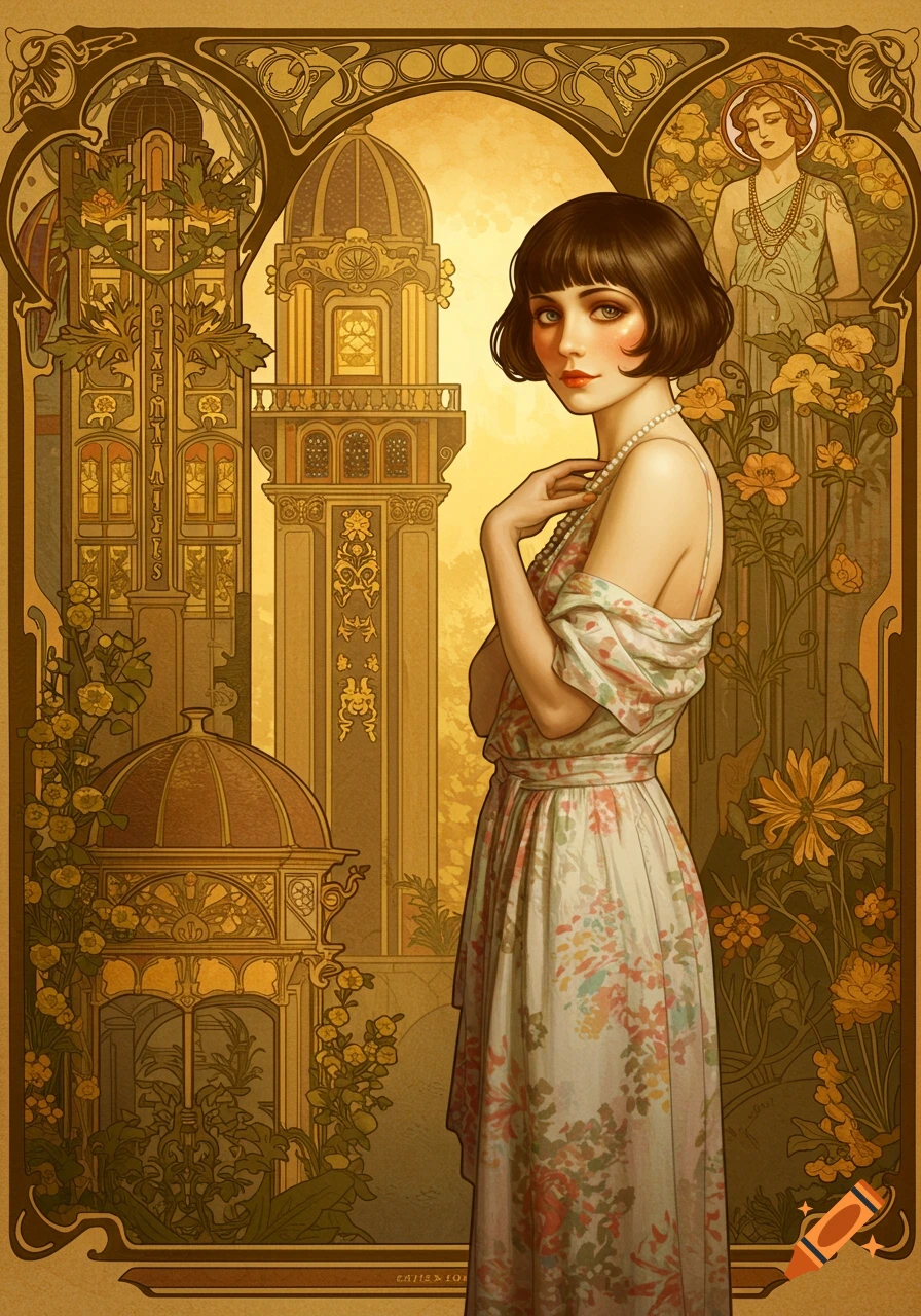 Art Nouveau illustration of a woman in a floral dress and bob haircut, standing before ornate Art Deco buildings.