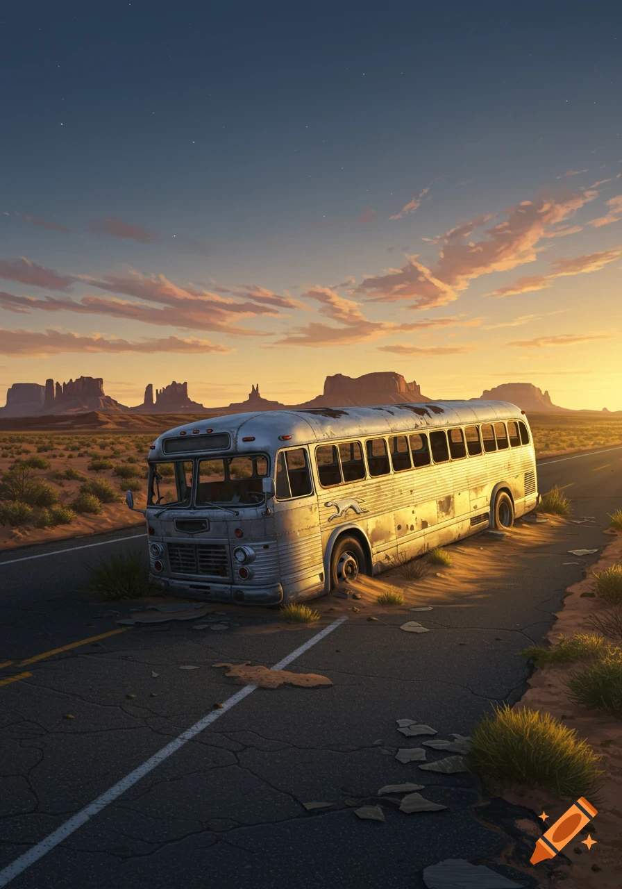 A photorealistic crashed silver 1950s Greyhound bus on a desert highway at sunset, with distant mountains.