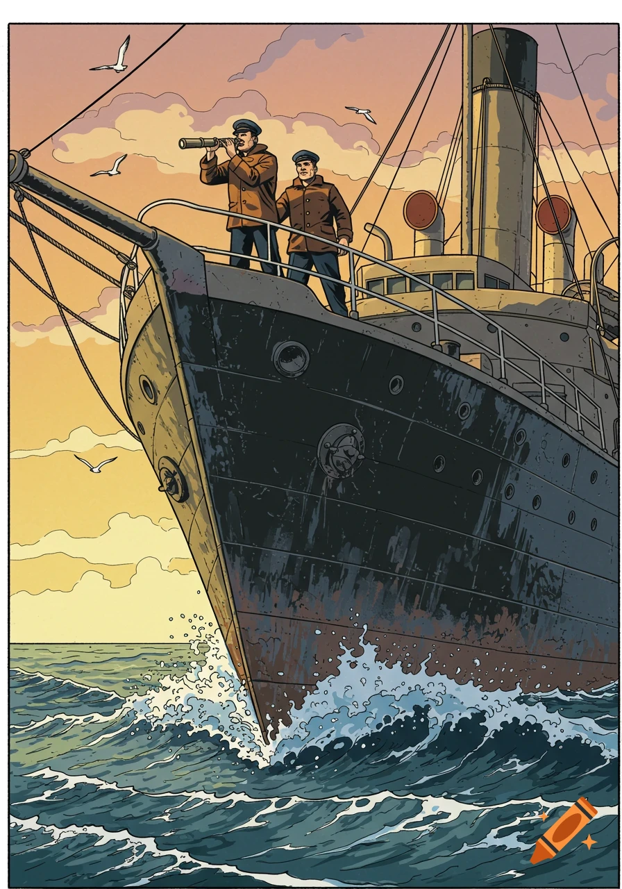 Comic illustration of two sailors on the bow of an old coal steamer, one looking through a telescope, at sea during sunrise.