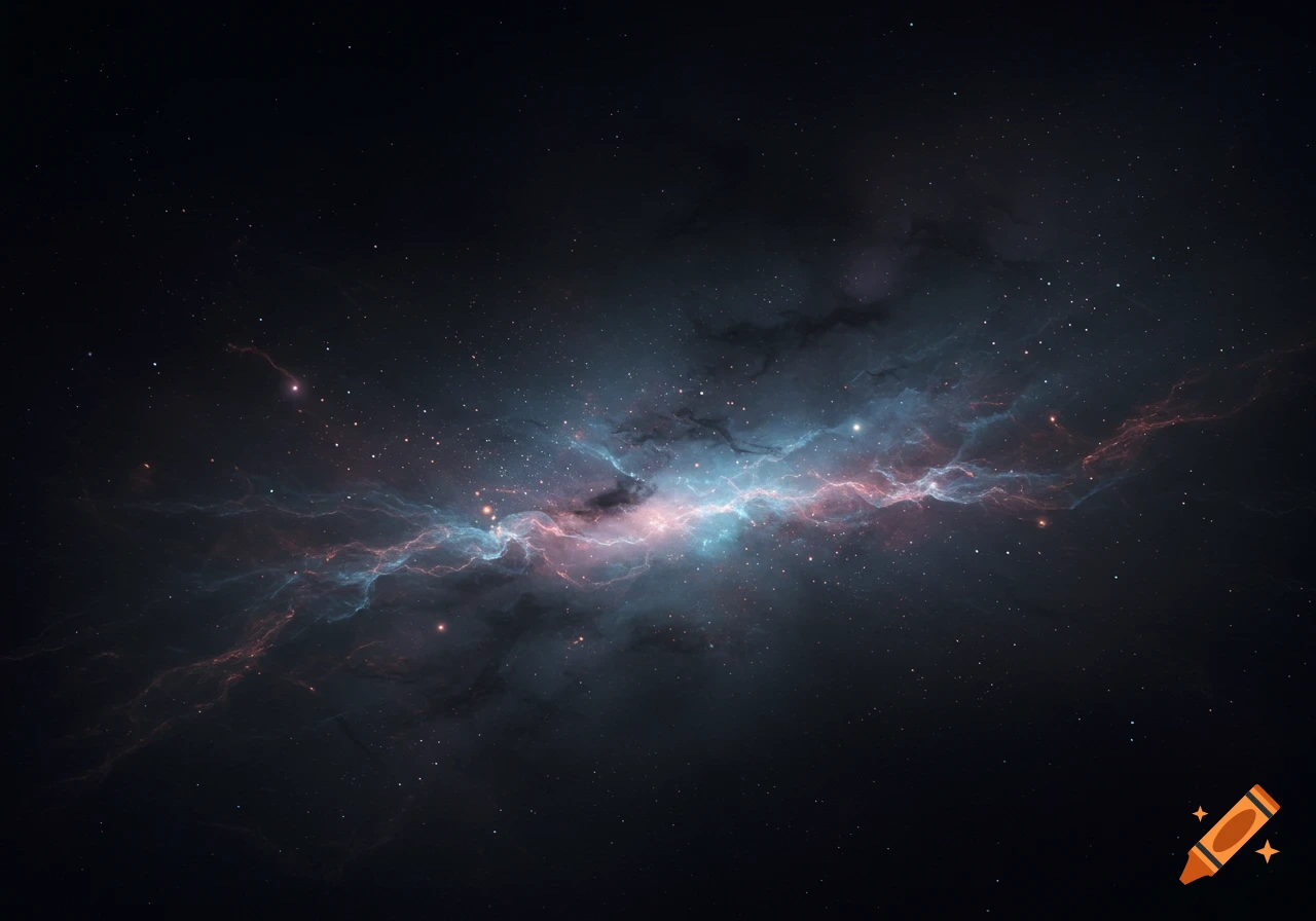 A vibrant nebula glowing with blue and pink light stretches across a dark, star-filled cosmic void.