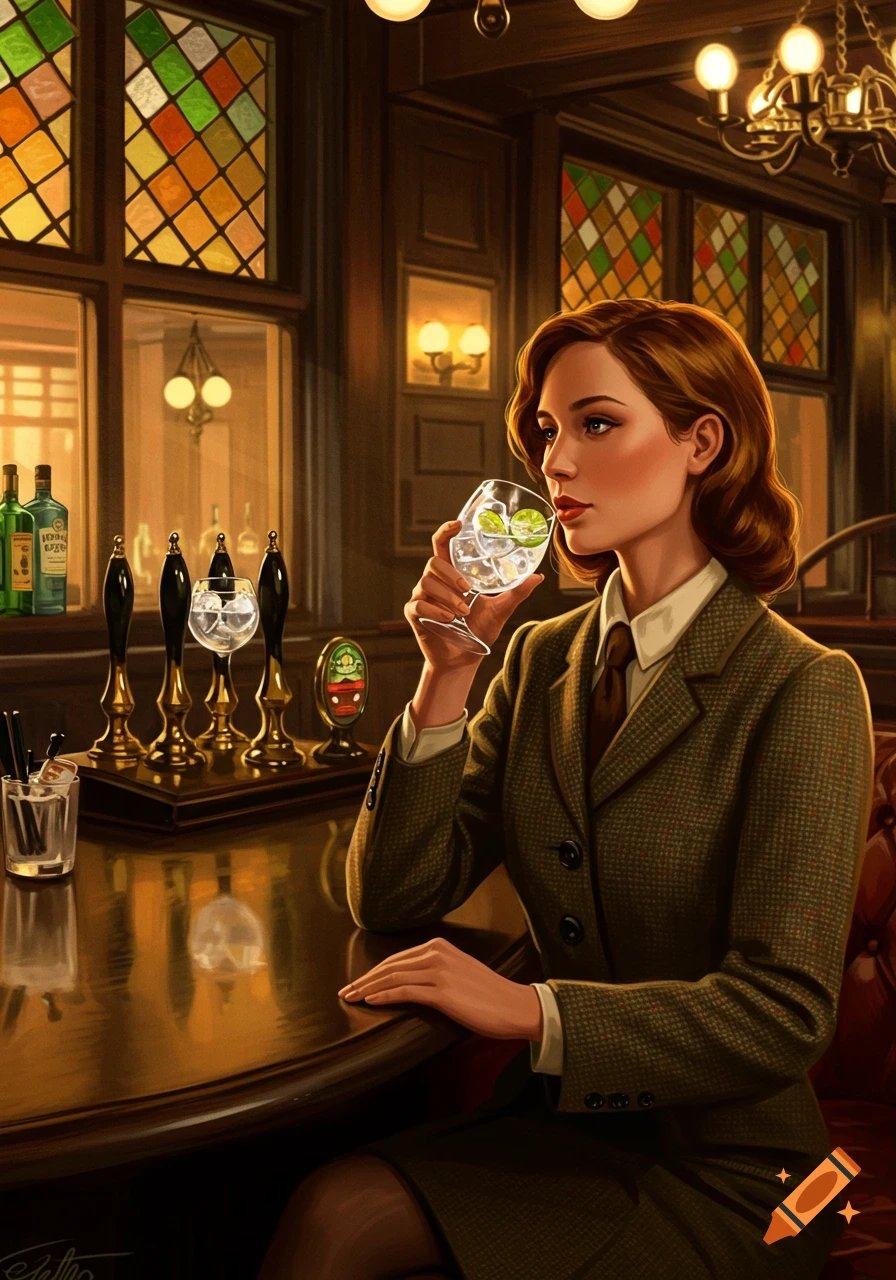 An illustrated woman in a tweed jacket sips a gin cocktail with lime in a warmly lit British bar, featuring stained glass windows and beer taps.