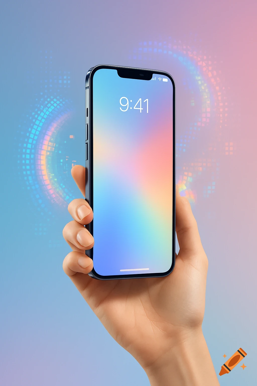 A hand holds an iPhone displaying 9:41 on a colorful gradient background with abstract digital patterns, suitable for a social media ad.