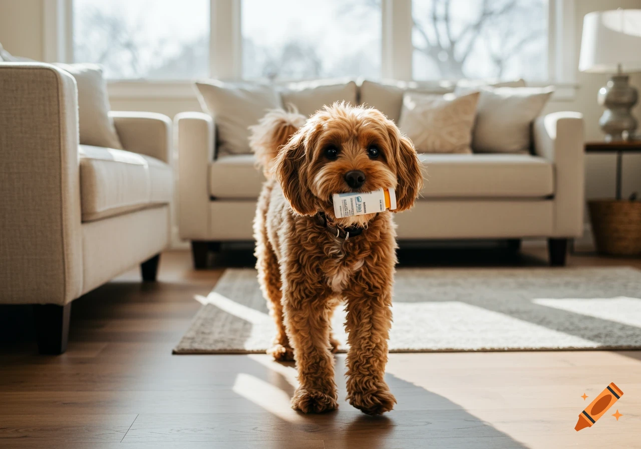 A cute cavapoo dog carries a medication bottle in its mouth while walking on a wooden floor in a sunlit living room.