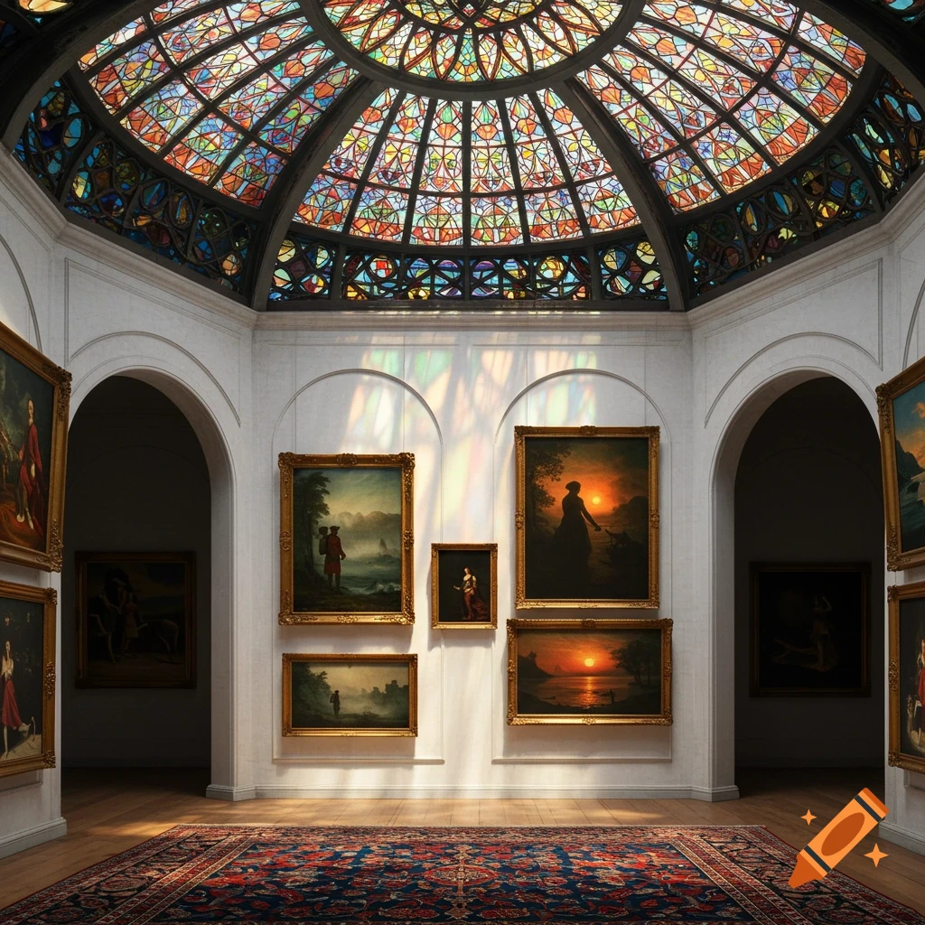 An ornate art gallery with a large, colorful stained-glass dome ceiling, white arched walls, and a red and blue Persian rug. Numerous framed paintings hang on the walls, bathed in natural light, with some showing figures in landscapes and sunsets.
