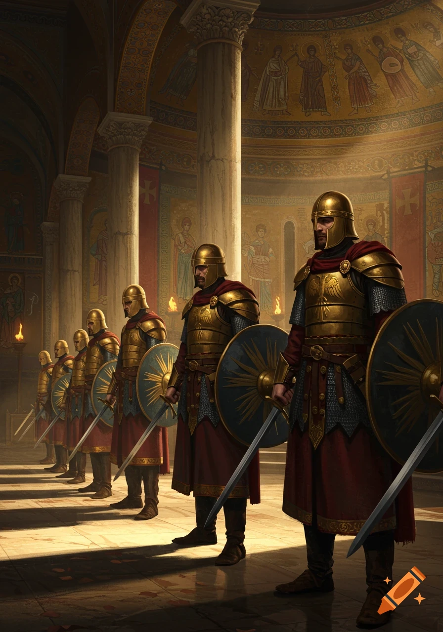 A line of Byzantine soldiers in ornate golden armor, holding shields and swords, stand within a grand hall adorned with mosaics.