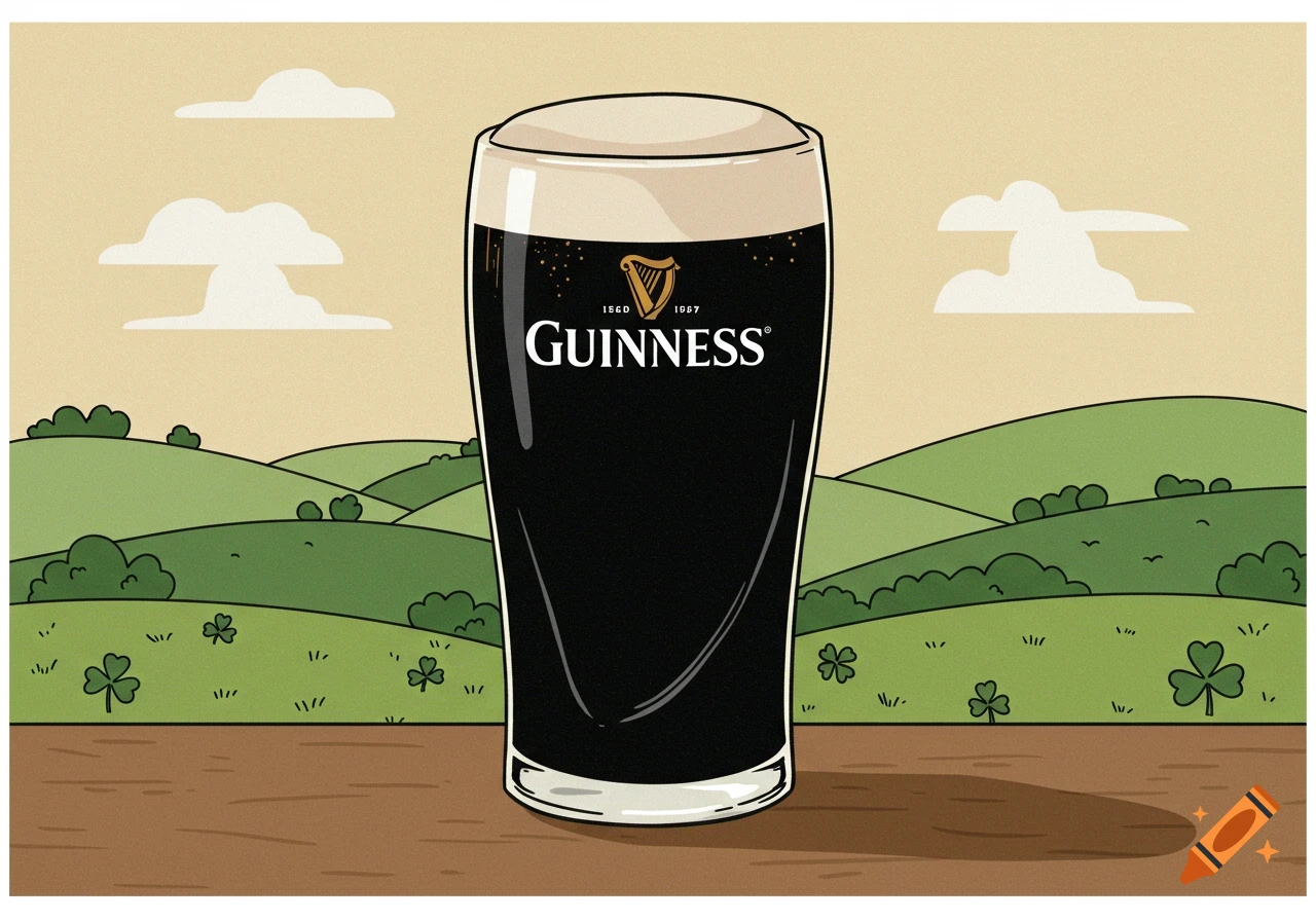 A stylized illustration of a pint of Guinness beer on a table, with green rolling hills, shamrocks, and clouds in the background.