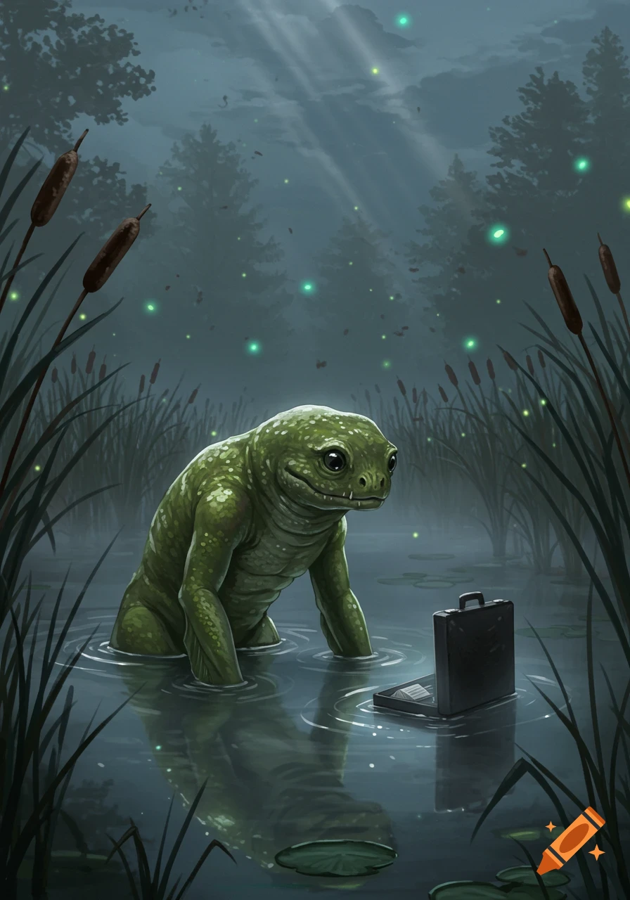 A green, frog-like bunyip stands in a swamp, looking into an open, glowing black briefcase. Reeds and fireflies fill the misty forest background.