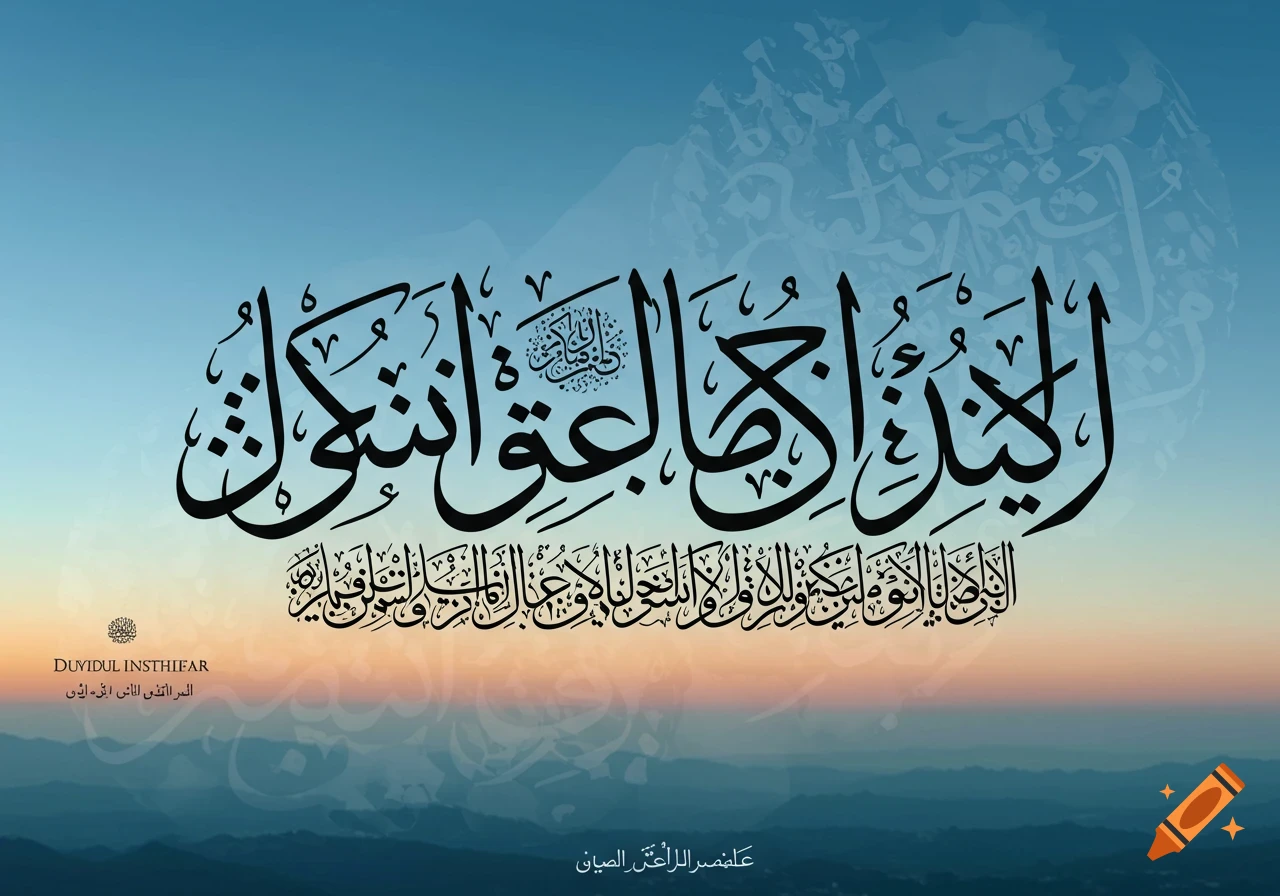 Arabic calligraphy spelling "Sayyidul Istighfar" in black against a blue and orange gradient sky with mountains.