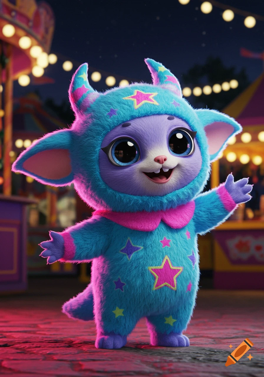 A cute, fluffy purple and blue cartoon creature in a star-patterned costume with horns, waving at a carnival at night.