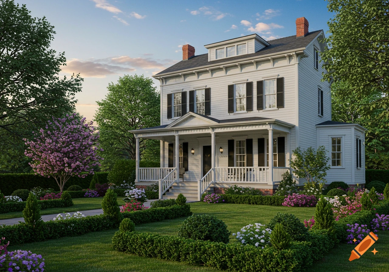 Photorealistic image of a white American Four Square house with black shutters, a wraparound porch, and a lush, balanced garden.