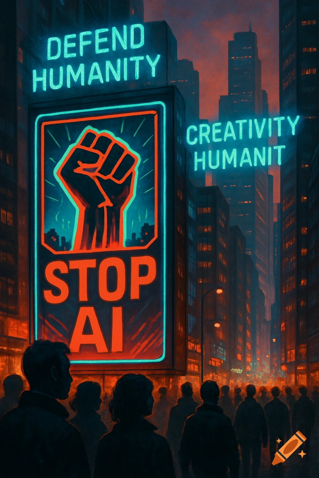 A dark, neon-lit dystopian city street with a crowd facing billboards. One sign reads 'DEFEND HUMANITY' and another 'STOP AI', with a raised fist symbol.