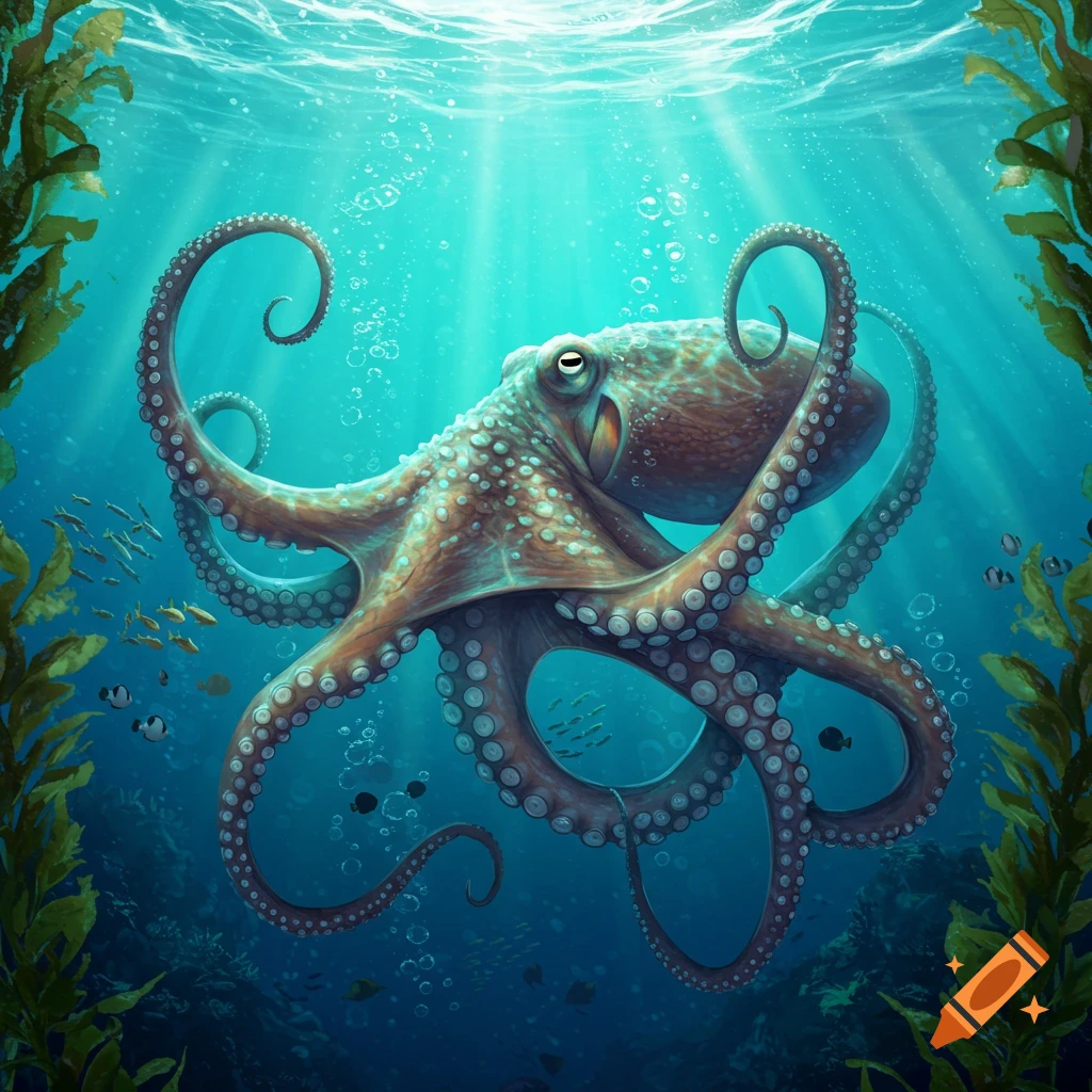 A vibrant illustration of a brown and white octopus swimming in a clear blue underwater scene with sunbeams, coral, and kelp.
