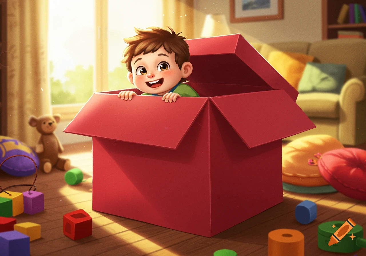 A happy cartoon boy peeks out of a red cardboard box on a sunny floor, surrounded by colorful building blocks and a teddy bear.