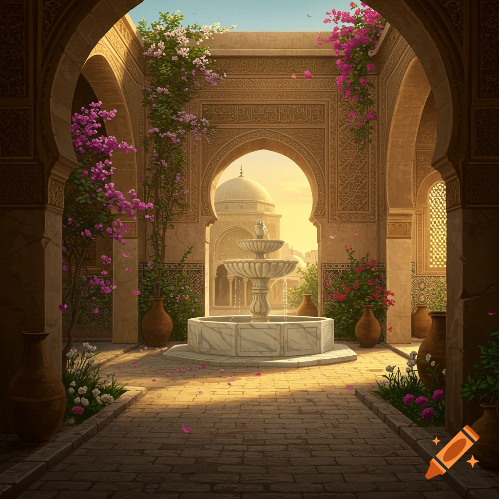 An ornate Moorish courtyard with a white marble fountain, lush pink and white flowering vines, and arches opening to a sunny dome.