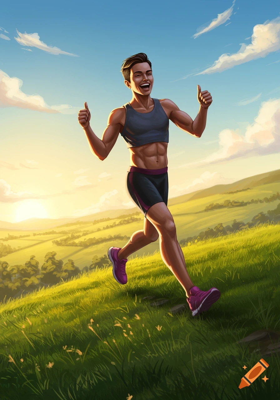 A smiling, muscular runner gives two thumbs up while jogging up a sunny, green hill in an illustration.