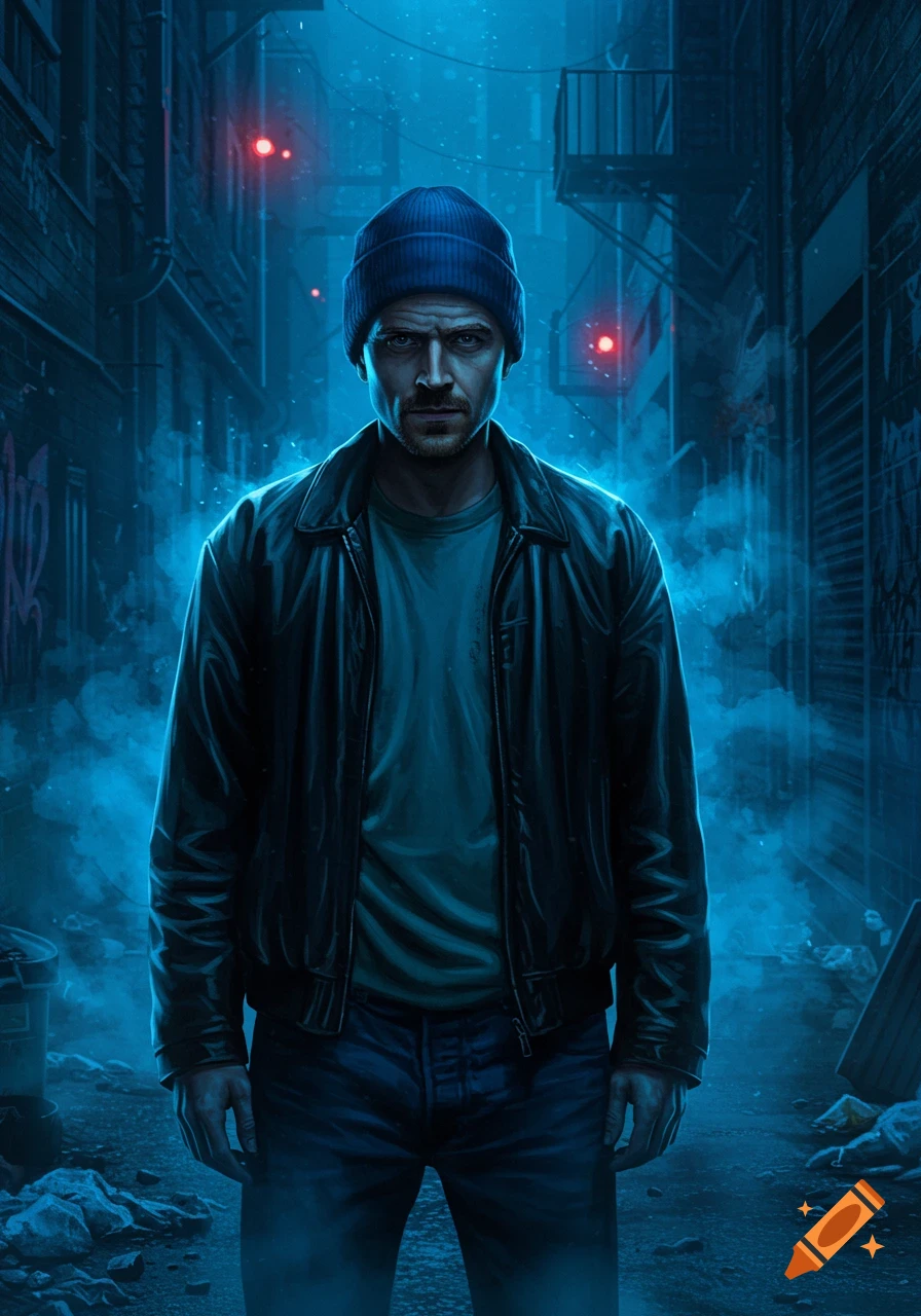 A stern man in a blue beanie and leather jacket stands in a dark, blue-lit alley with red glowing eyes in the background.