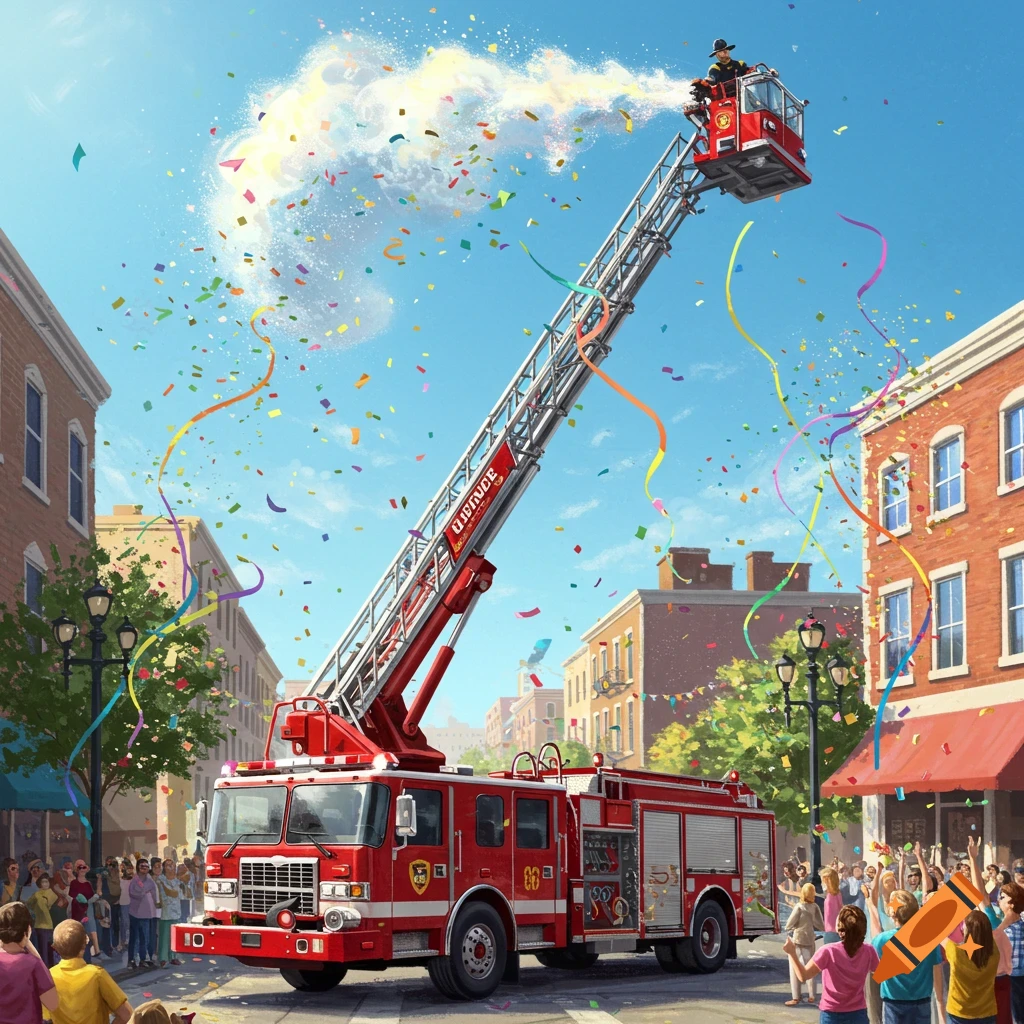 A red fire truck with an extended ladder on a city street, a firefighter sprays confetti and streamers into the sky as crowds cheer on both sides.