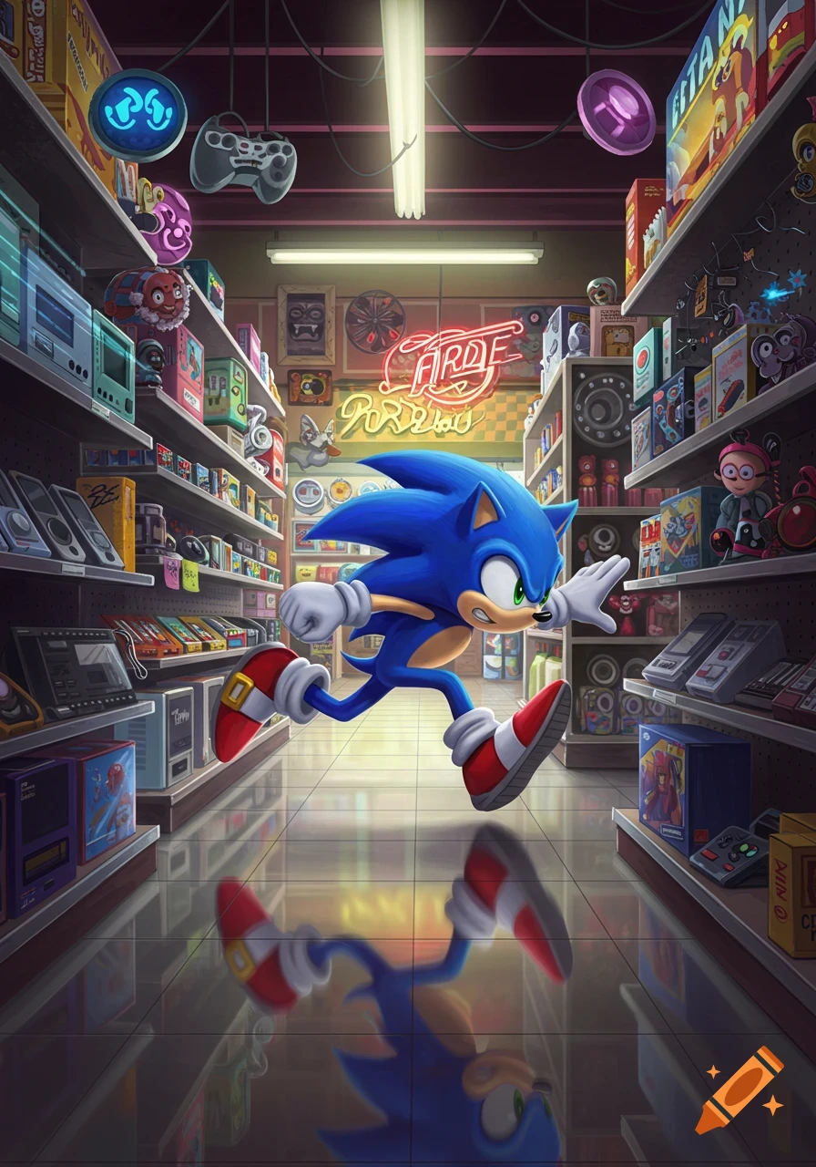 Sonic the Hedgehog running through a highly detailed, colorful electronics and game store with shelves full of products. Vibrant art style.