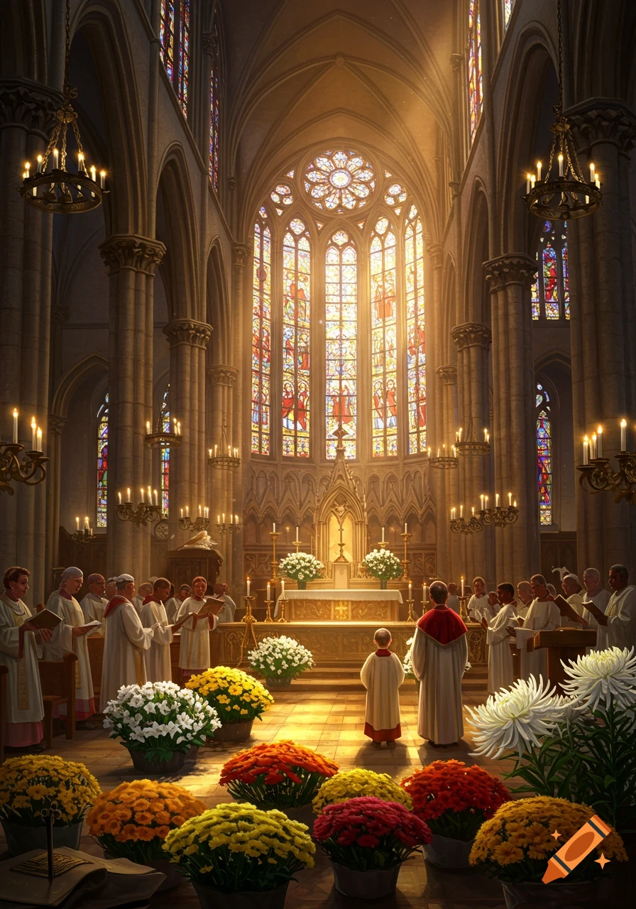 A grand church interior bathed in golden light from stained glass windows, showing a Catholic religious ceremony with clergy, an altar boy, and many colorful potted flowers in the foreground.