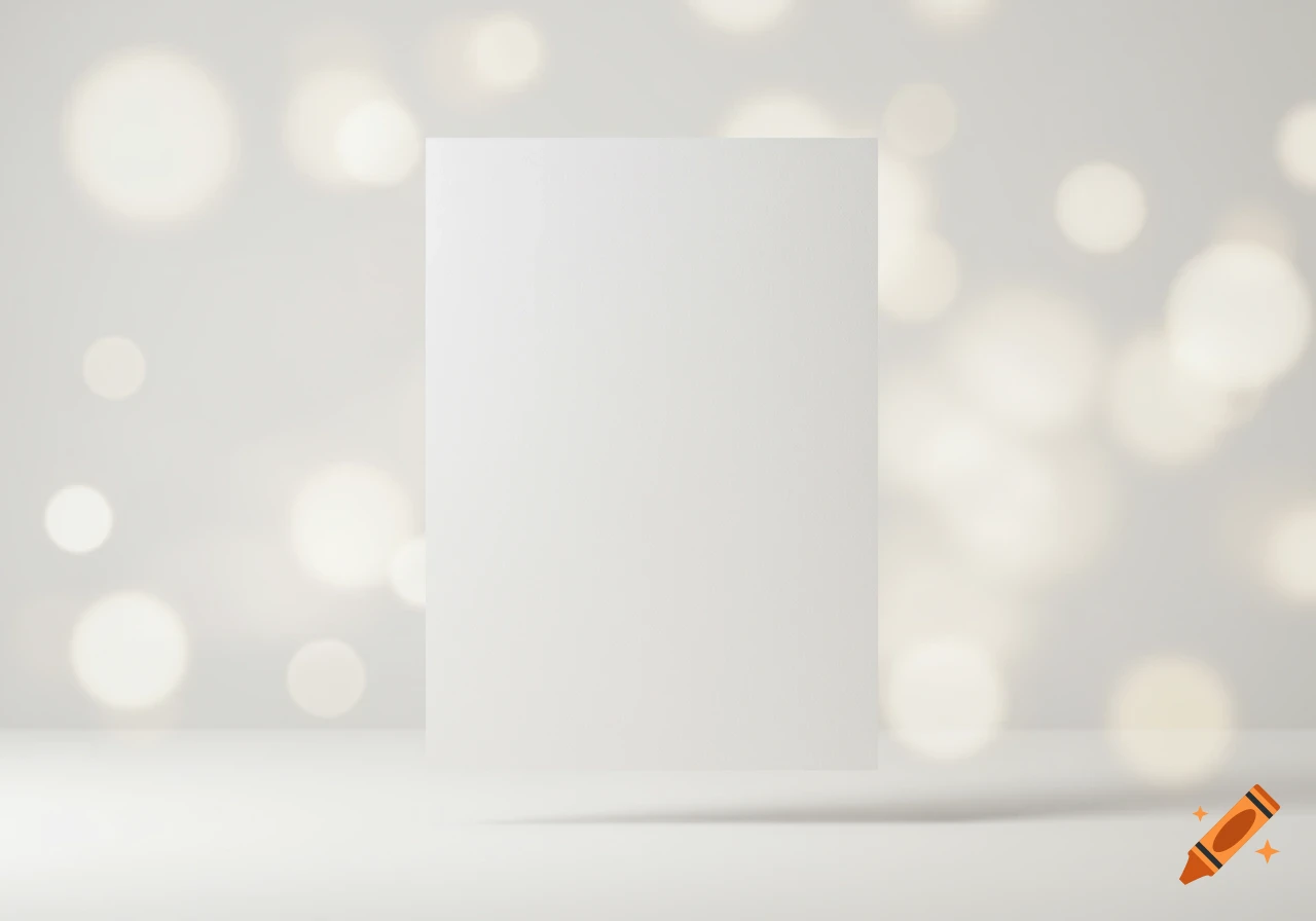 A blank white rectangular page floating vertically in a bright white room with a soft-focused background of warm, shimmering bokeh lights.