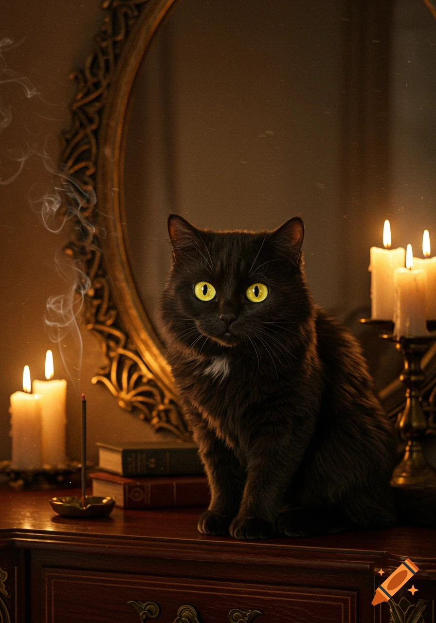 A black cat with glowing yellow eyes sits on a wooden dresser beside ...