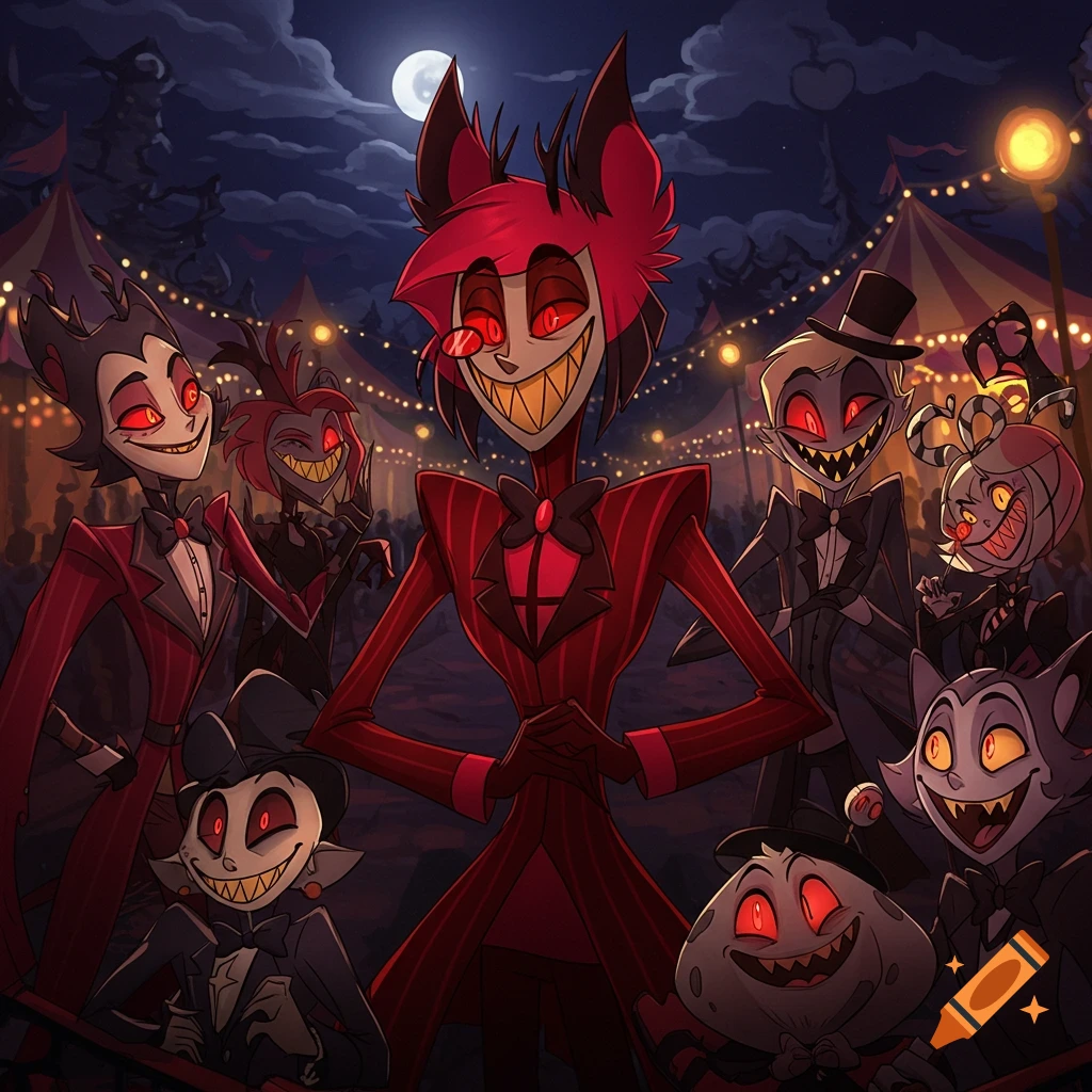 A group of cartoon demon-like characters with red eyes and sharp smiles at a nighttime carnival with tents and string lights.