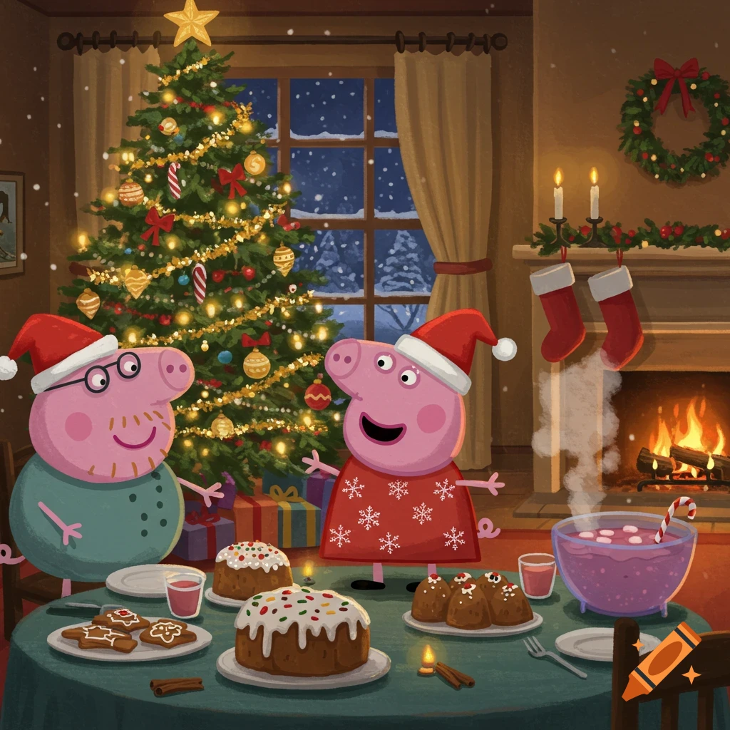 Peppa Pig and Daddy Pig in Santa hats celebrate Christmas dinner in a cozy, decorated room with a Christmas tree and fireplace, cartoon style.