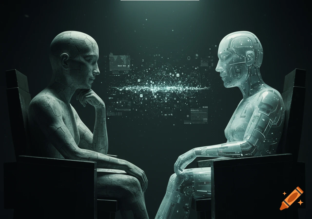 Two futuristic statues, one stone-like and one translucent, sit opposite each other, exchanging wisdom via a glowing holographic network of symbols and data.