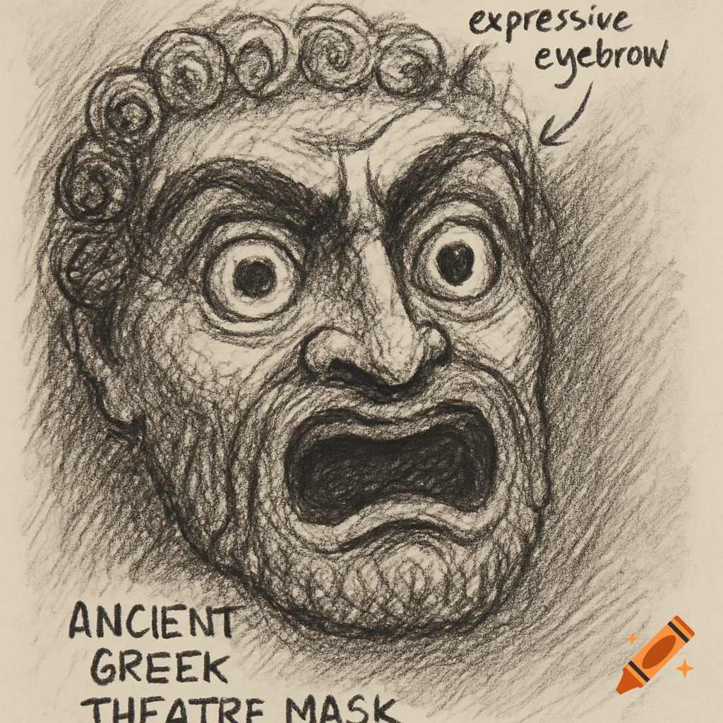 A messy charcoal sketch of an ancient Greek theatre mask with a screaming expression, labeled 'expressive eyebrow' and 'ANCIENT GREEK THEATRE MASK'.