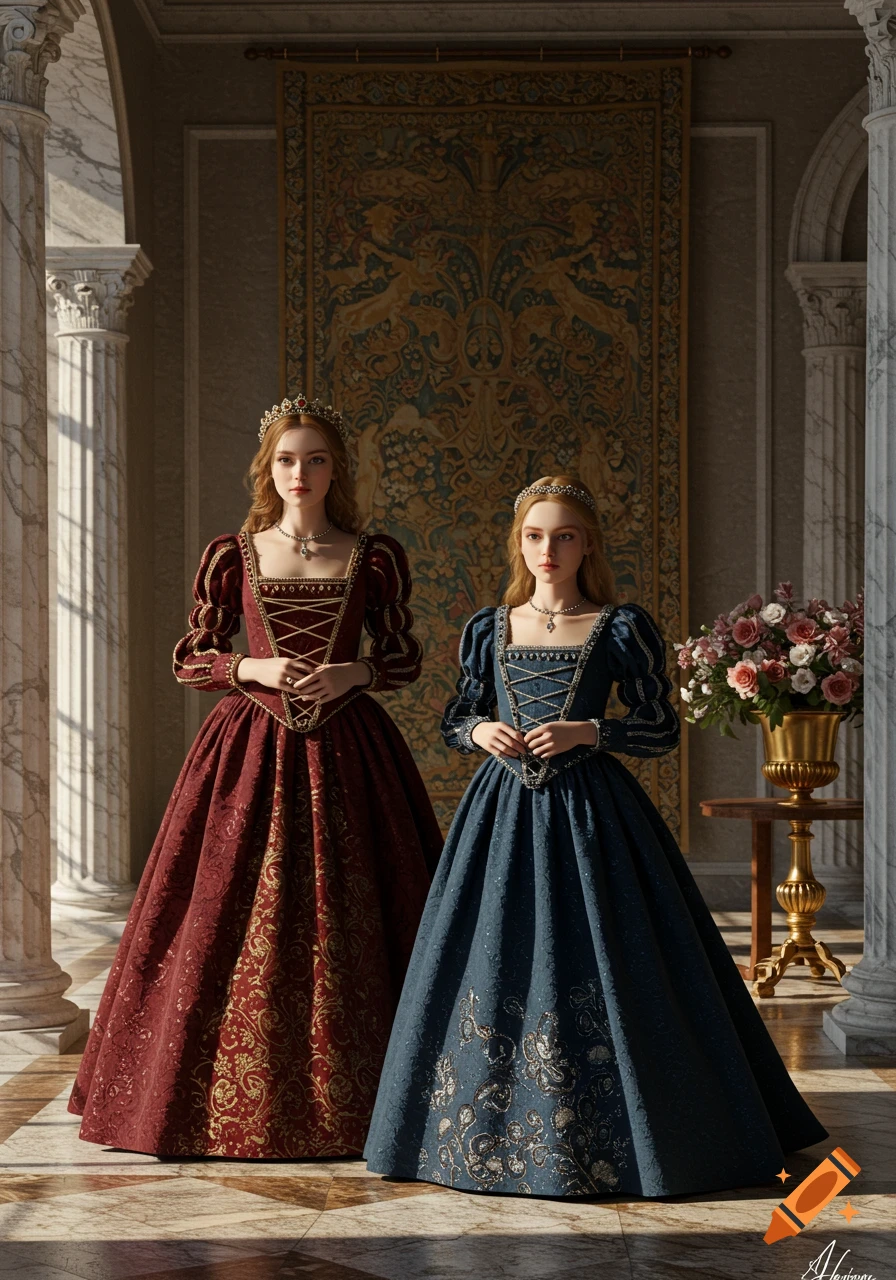 Two young women in ornate red and blue Renaissance gowns stand in a grand hall with marble pillars and a large tapestry.
