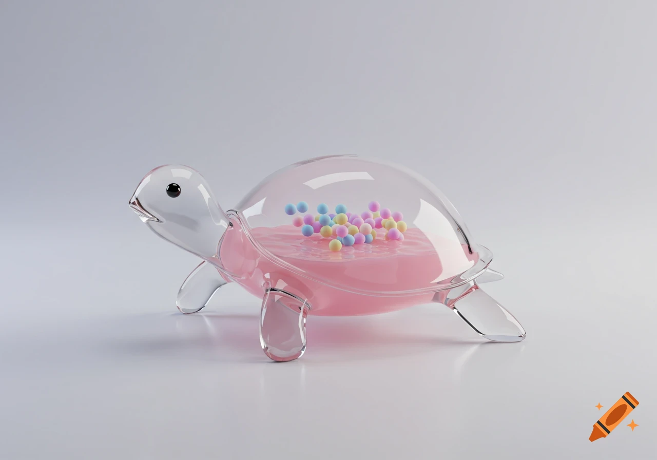 A clear glass turtle figurine filled with pink liquid and colorful pastel balls, set against a light background.