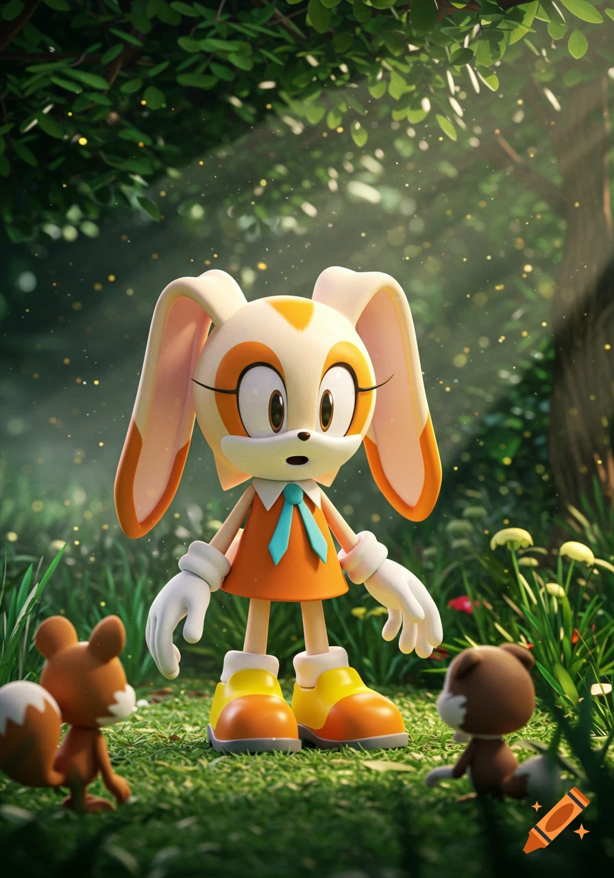 Cream the Rabbit, a cream and orange bunny, stands in a vibrant forest with two small fox-like creatures looking up at her.