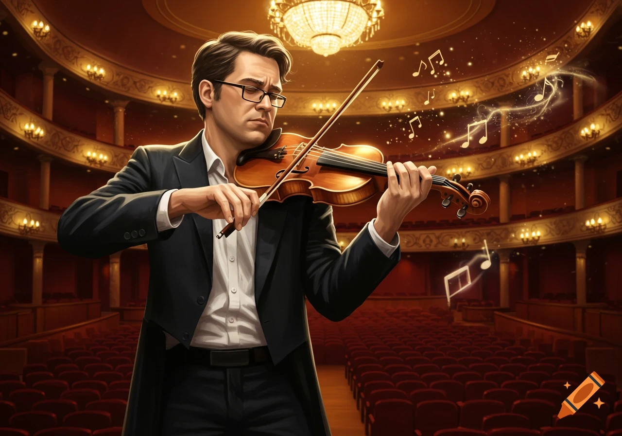 An illustration of a man with glasses playing a violin in an ornate opera house, with glowing musical notes floating around him.