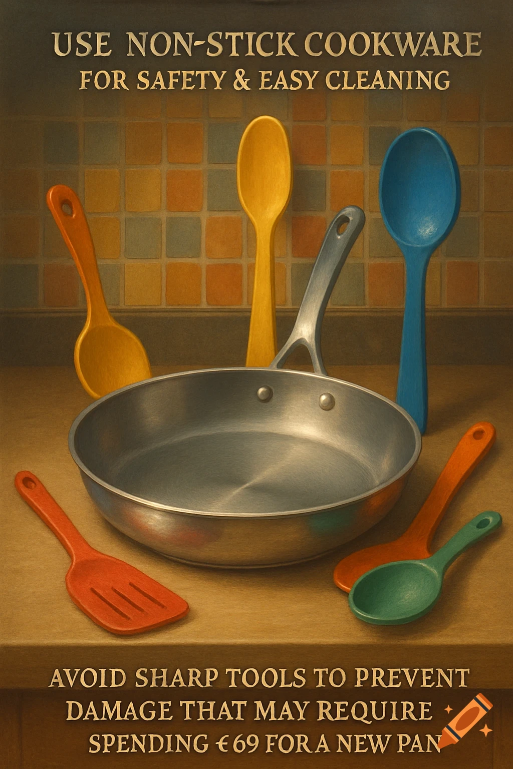 A still life painting of a silver frying pan surrounded by colorful plastic kitchen utensils, with instructional text about cookware safety on a tiled background.