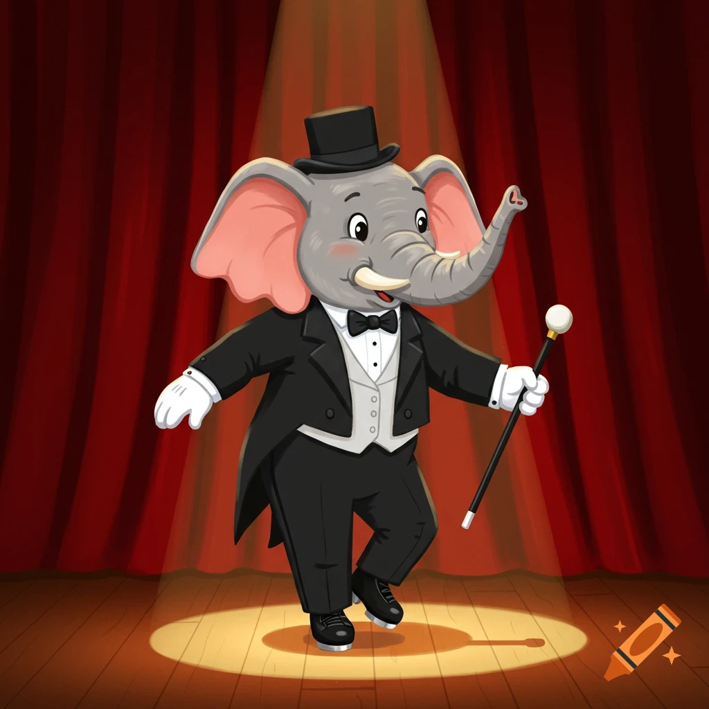 A friendly cartoon elephant in a top hat and tuxedo, wearing tap shoes and holding a cane, tap dancing on a spotlighted stage with red curtains.