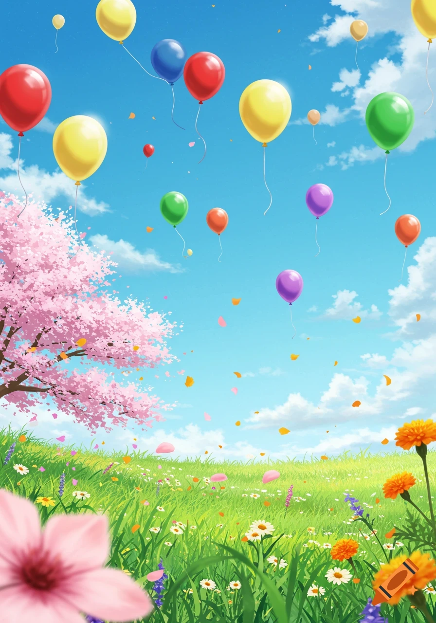 A vibrant spring landscape with a pink cherry blossom tree, green grass filled with wildflowers, and colorful balloons floating in a clear blue sky.