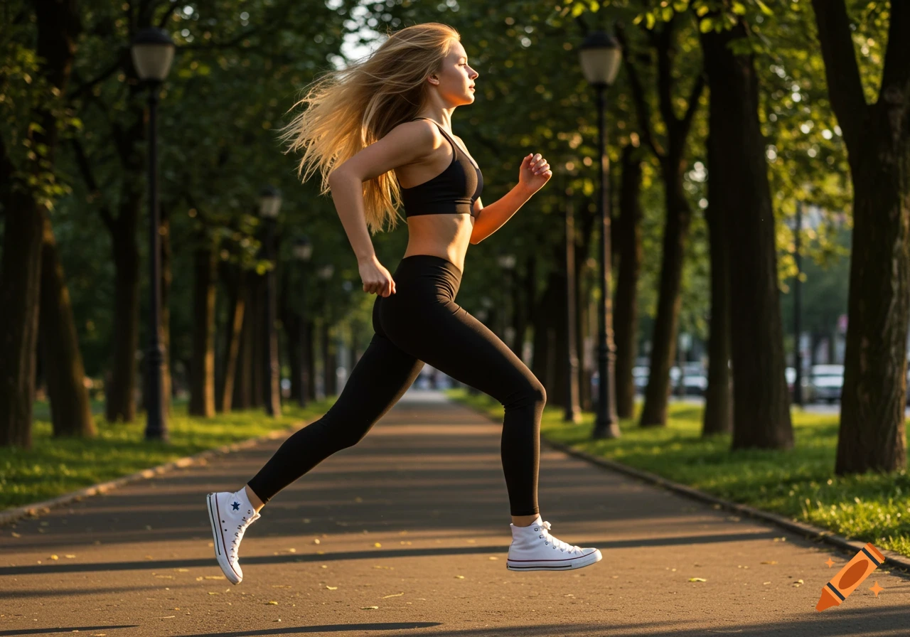 A blonde woman in a black sports bra and leggings runs on a sunny park path lined with trees, viewed from the side.