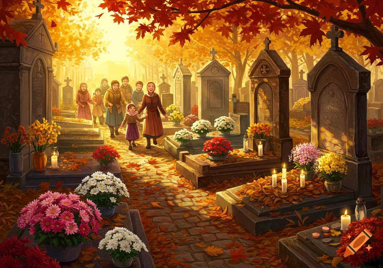 An illustration of a family walking through an autumn cemetery, adorned with colorful flowers and lit candles, bathed in warm sunlight.