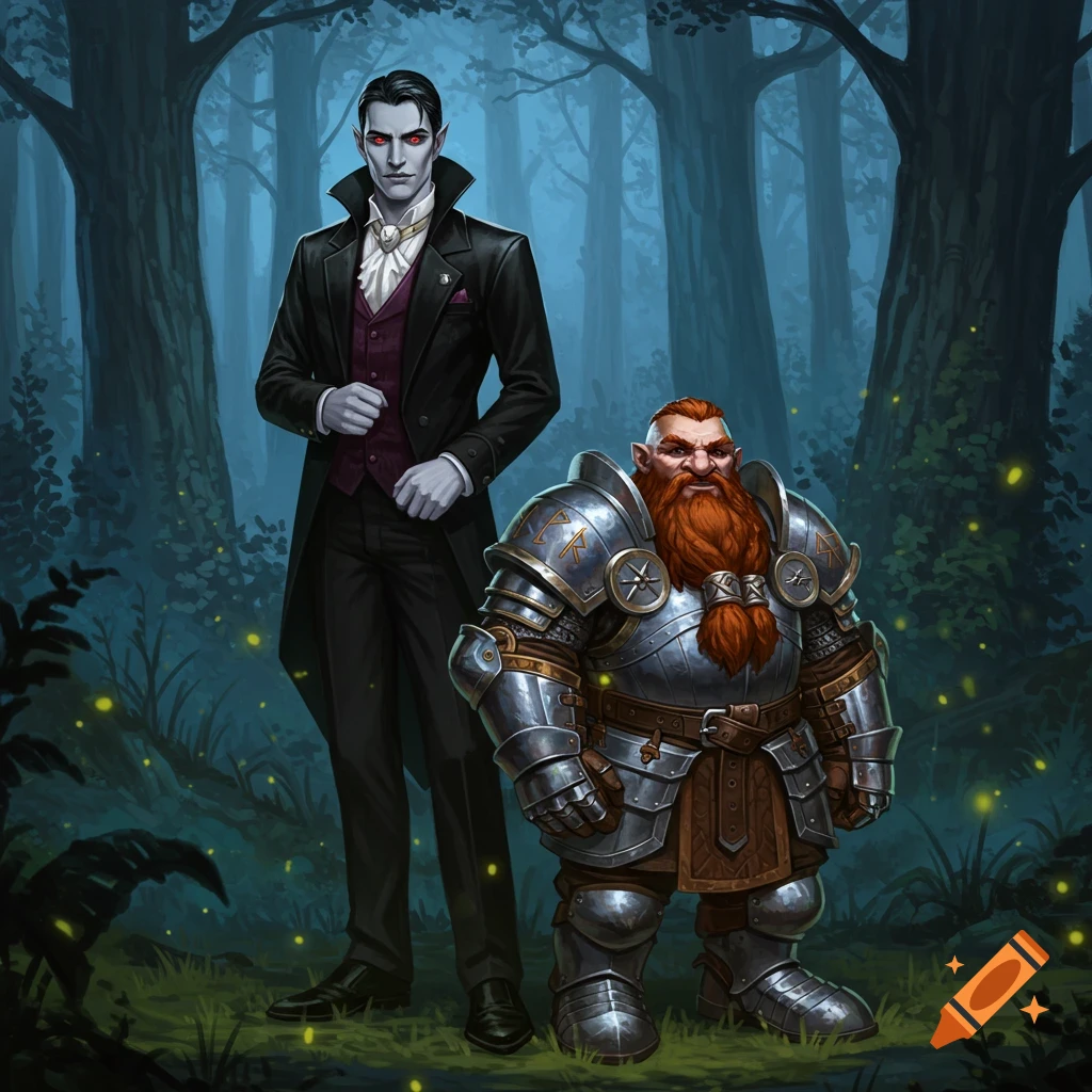 A tall male vampire in a black suit stands next to a short male dwarf warrior in plate armor, in a mystical forest.