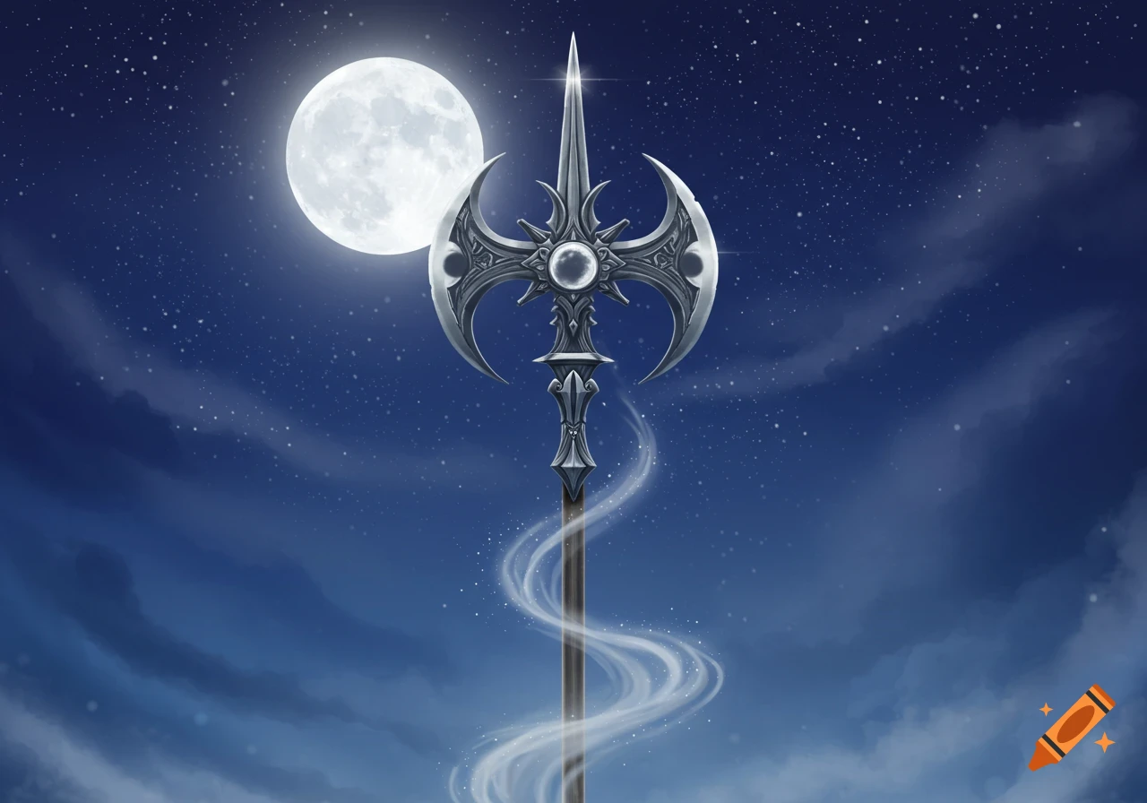 A detailed fantasy halberd with crescent moon blades stands under a bright full moon in a dark, star-filled night sky.