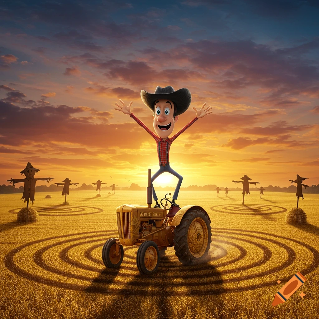 A happy cartoon cowboy in a plaid shirt and hat stands on a yellow tractor in a field with crop circles and scarecrows at sunset.