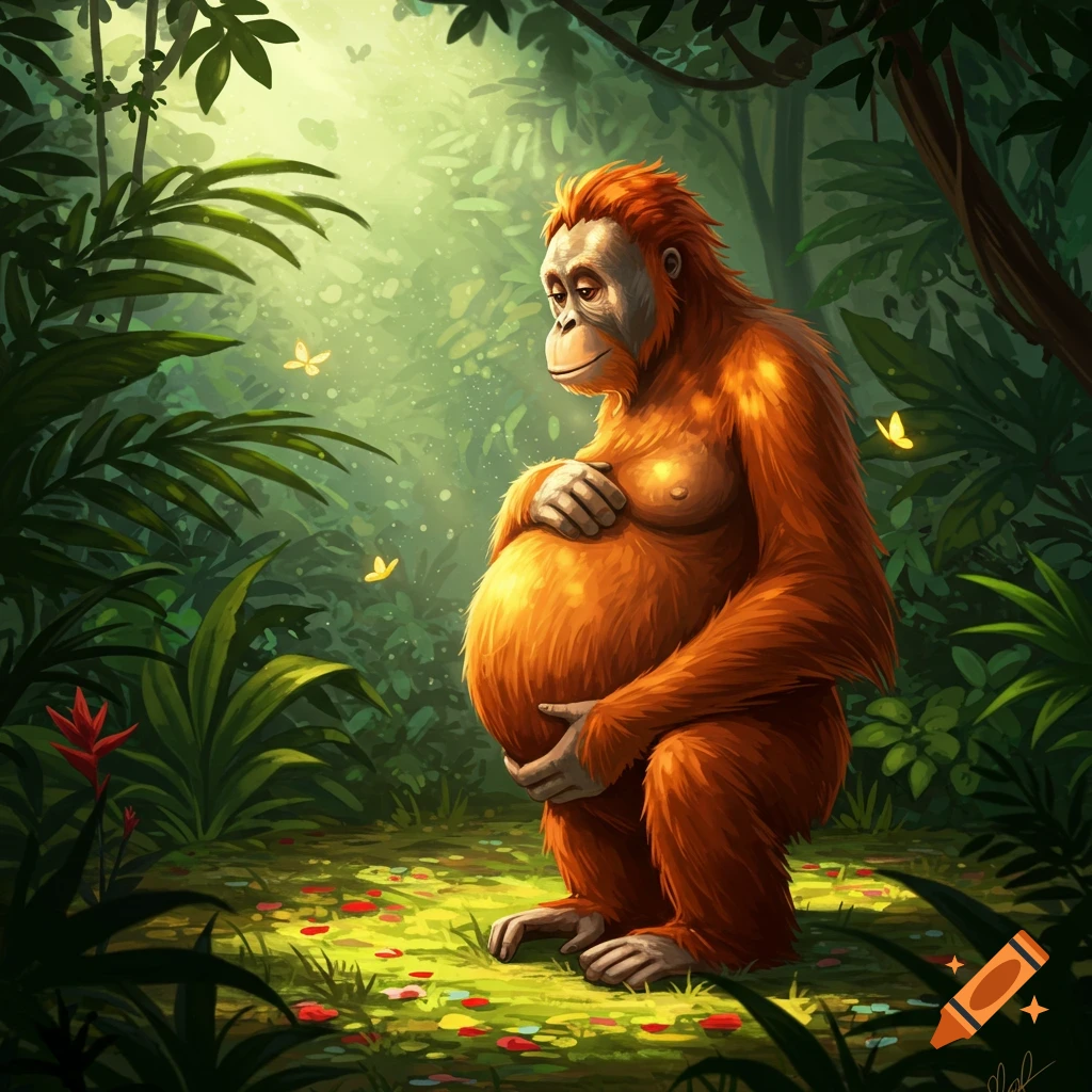 A pregnant orangutan sits in a lush, sunlit jungle, holding its belly gently. Butterflies flutter among leaves and scattered flower petals.