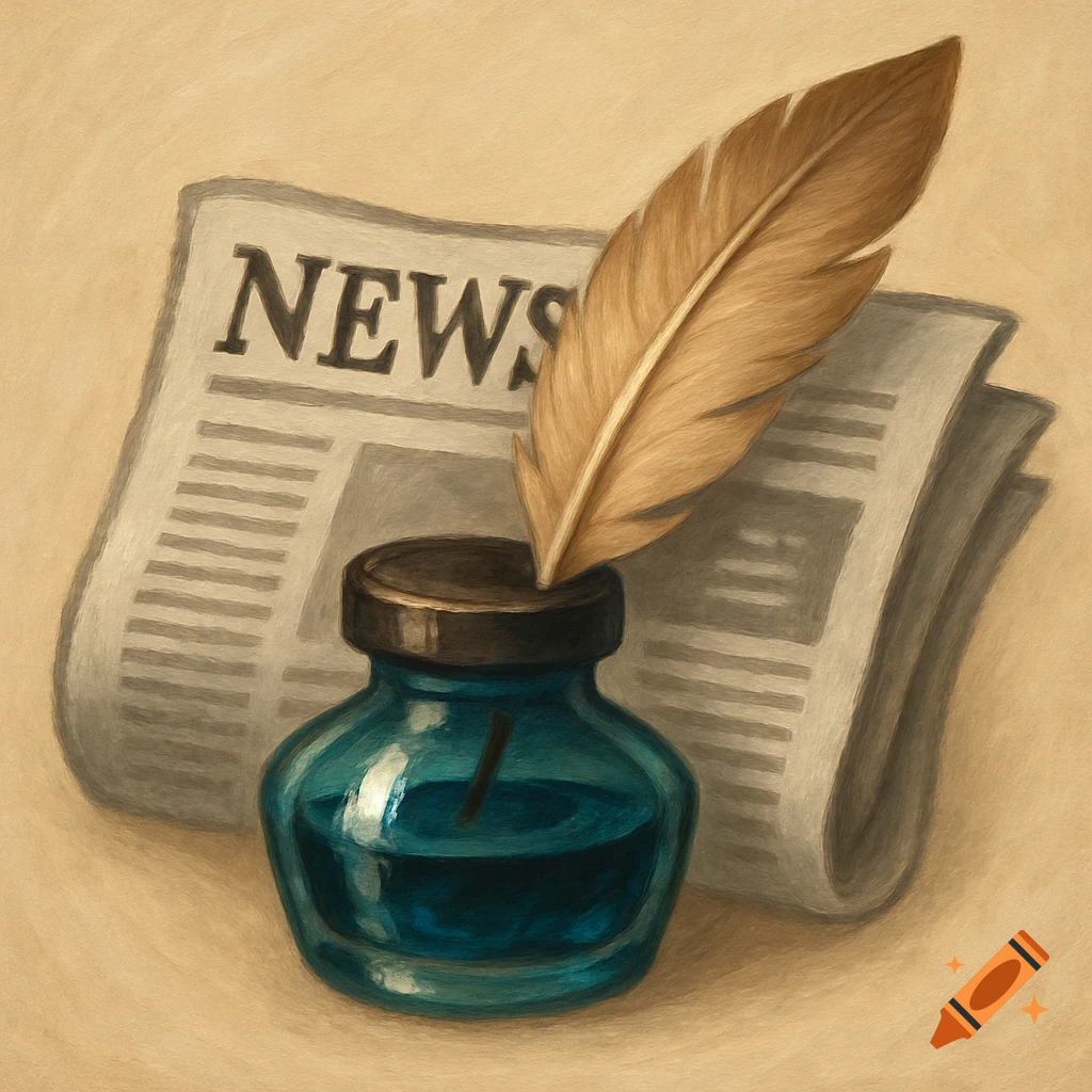 A brown feather quill stands in a blue inkwell, positioned in front of a folded newspaper displaying "NEWS" on its masthead, rendered in a painterly style.