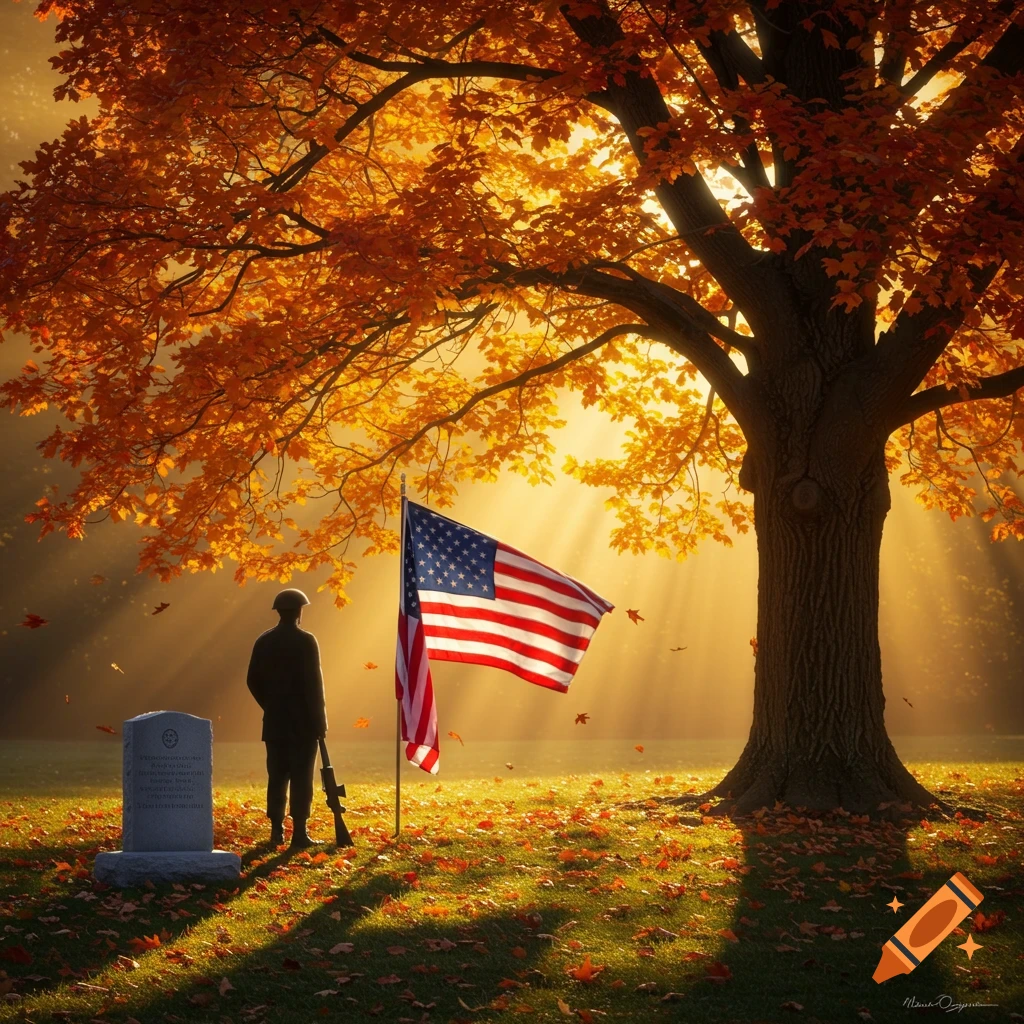 A soldier stands before a tombstone and American flag under a glowing autumn tree, in a tribute to Veterans Day.