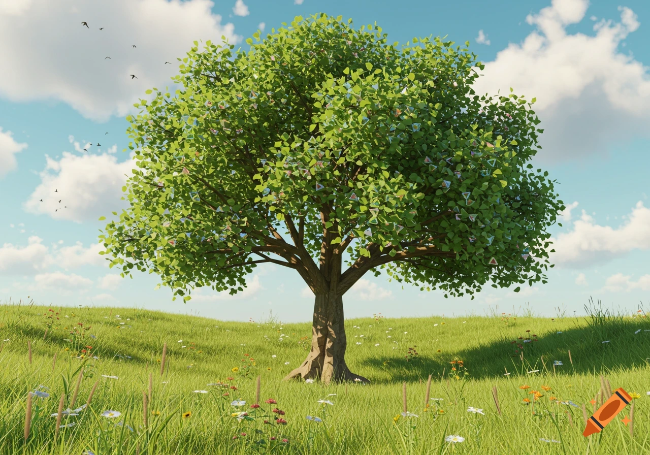 A vibrant green tree with colorful geometric shapes on its leaves stands in a sunny, grassy field under a blue sky with clouds and birds.